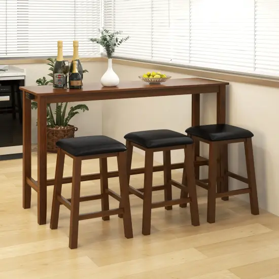 4-Piece Bar Table Set Counter-Height Table and 3 PVC Leather Upholstered Bar Stools-Brown {2}