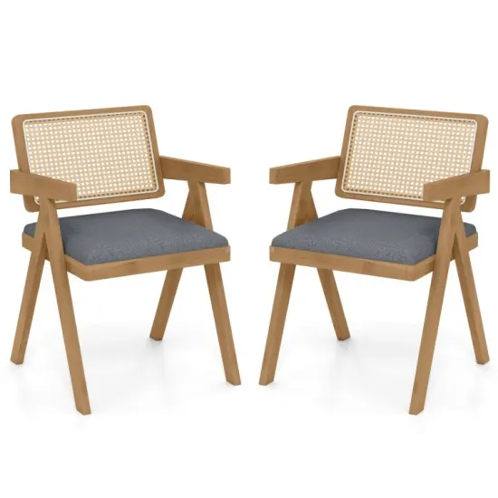 Set of 2 Rattan Accent Chairs with Padded Cushion & Rubber Wood Frame for Living Room Grey {8}