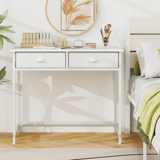 Space Saving Home Office Desk with 2 Fabric Drawers and 4 Hanging Hooks White {3}