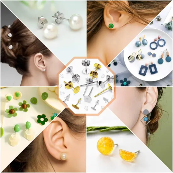 Earring Posts and Backs, Caffox 2000pcs Stud Earring Making Kit with Earring Base and Earring Backs for Leather Stud, Clay, Pearl Jewelry Making (Gold & Silver) {5}