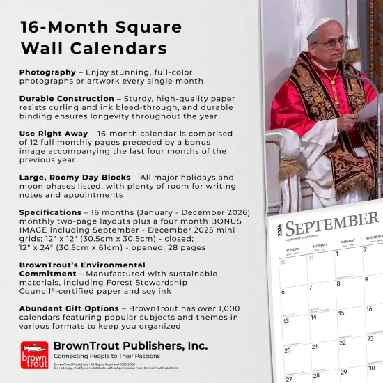Pope Leo XIV | 2026 12 x 24 Inch (Hanging) Monthly Square Wall Calendar {6}