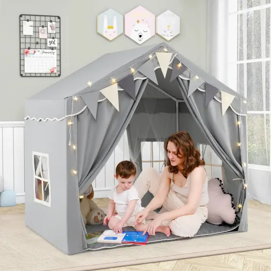Kids Large Play Tent House with 2 Opening Door and Star Lighting Perfect for Gift Grey {2}