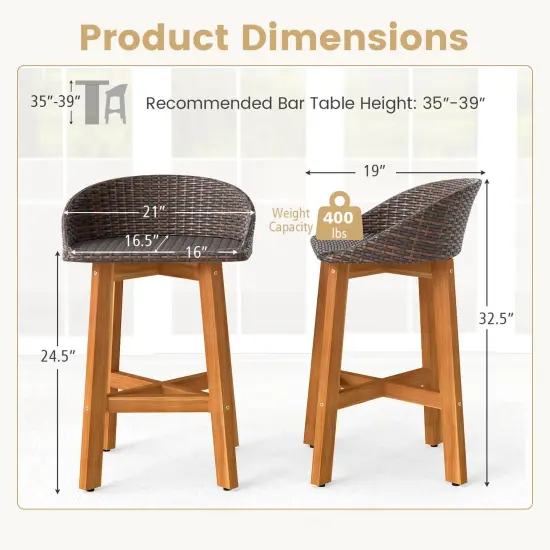 Costway Outdoor Faux Rattan Bar Chairs Set of 2/4 Solid Acacia Wood Bar Stools for Porch Brown/Gray {11}