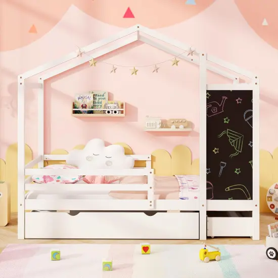 Wooden Twin House Bed with Storage Drawers Blackboard and Guardrails for Kids White {3}