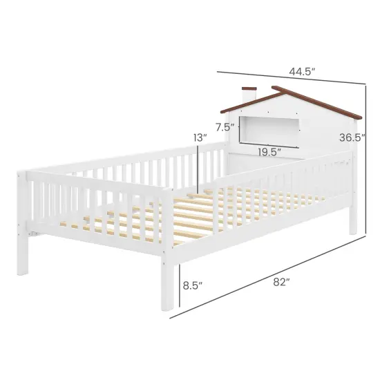 Wood Montessori Twin Bed with House-shaped Headboard, Guardrails, Built-in Storage Shelf White {4}