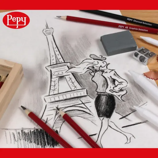 Sketching and Drawing Set in Wood Carrying Box: 3 Charcoal Pencils, 8 Graphite Pencils, Sharpener, Eraser, and Set of 6 Blending Stumps {2}