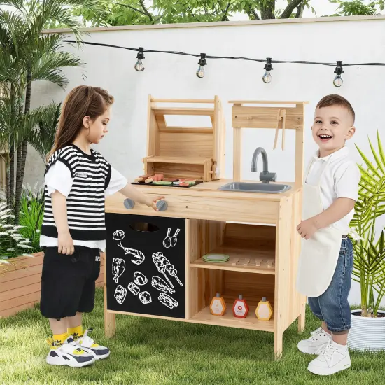 Wooden Barbecue Grill Playset with Chalkboard and Sink and Cabinet-Natural {2}