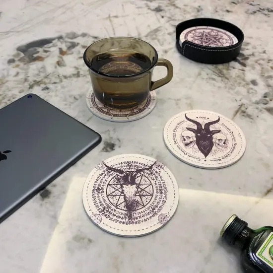 Satan Goat Skull Leather Coasters &ndash; Set of 6 with Holder for Coffee Table {4}