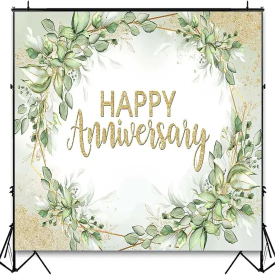 Happy Anniversary Backdrop - Sage Green Leaves Banne(7x5ft) {3}