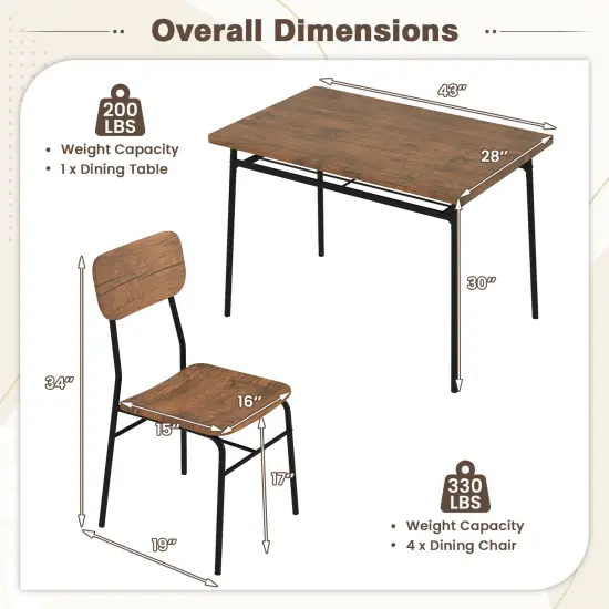 5-Piece Table Set for 4 with Metal Frame and Storage Rack-Brown {5}