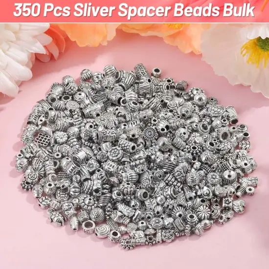 500 Pcs Bracelet Spacer Beads, Silver Bulk Random Styles Loose Spacer Metal Charm for Necklace, Earring Making DIY Jewelry Accessories {3}