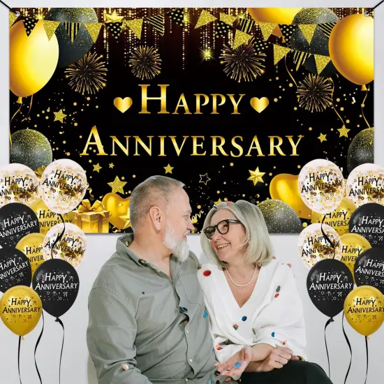 Happy Anniversary Decorations Kit - 5.9x3.6Ft Banner & 18PC Black & Gold Balloons {5}
