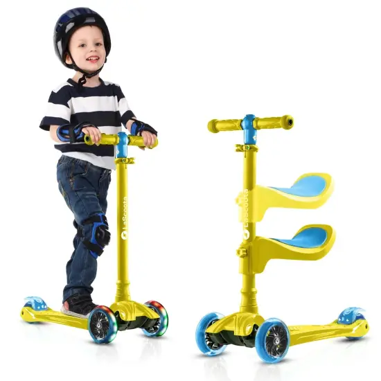 LaScoota 2-in-1 Kids Kick Scooter, Adjustable Height Handlebars and Removable Seat, 3 LED Lighted Wheels and Anti-Slip Deck, for Boys & Girls Aged 3-14 and up to 100 lbs, Gift-Ready Gold Scooter {2}