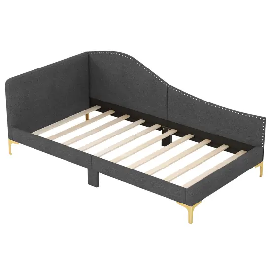 Full/Twin Size Rivet-Tufted Platform Bed with Metal Legs and Wood Slats-Full Size {3}