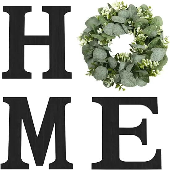 Wood Home Sign with Artificial Eucalyptus Wreath for O, Hanging Farmhouse Wall House Decor Wood Home Letters for Wall Art Rustic Home Decor, Home Wall Decor for Living Room Kitchen Entryway {1}