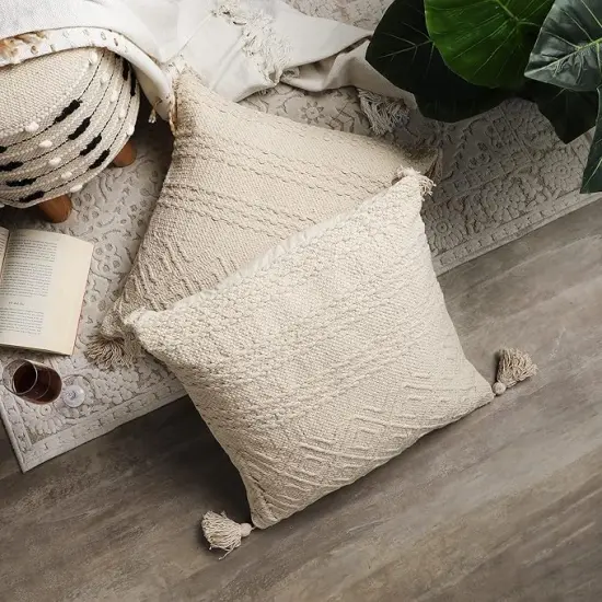 Set of 2 Boho Throw Pillow Covers for Couch, 18 x 18 Inch Textured Boho Pillow, Hand-Woven Tufted Decorative Pillows Covers Bedroom Living Room, Farmhouse (Diamond Obsession Beige) {2}