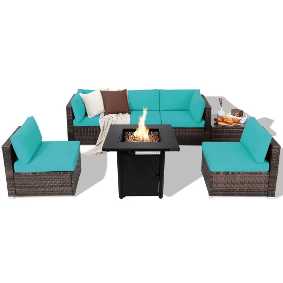 Costway 7 PCS Patio Furniture Set with 28" 50000 BTU Propane Gas Fire Pit Table Cushions Red/Turquoise/Off White {8}