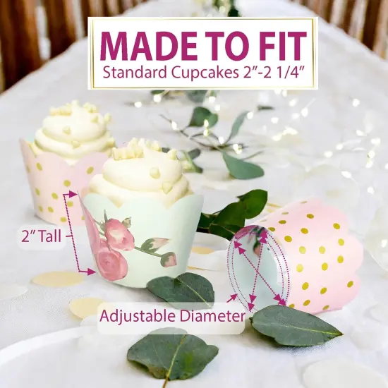 Cupcake Wrappers - Blush Pink & Gold Floral Wedding, Vintage Rose Bridal & Baby Shower Decorations, Fairytale Princess Birthday Party, Girl Gender Reveal, Reversible Dessert Wrap, Romantic (24 Count) {3}