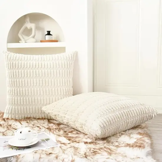 Throw Pillow Covers Pack of 2 Comfy Corduroy Boho Striped Decorative Cushion Cases for Couch Sofa Bed Farmhouse 18 X 18 Inches Beige {2}