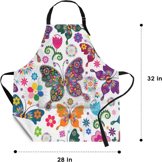Apron Home Kitchen Cooking Baking Gardening for Women Men With Pockets Floral Colorful Butterflies Flowers Romantic 32x28 inch {2}