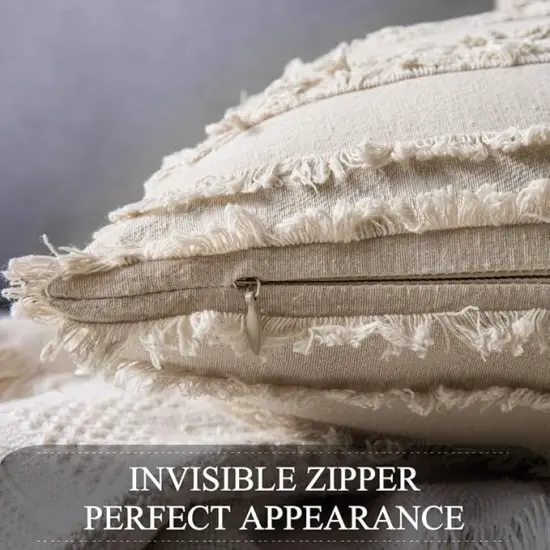 Set of 2 Decorative Boho Throw Pillow Covers Linen Striped Jacquard Pattern Cushion Covers for Sofa Couch Living Room Bedroom 18x18 Inch Beige {3}