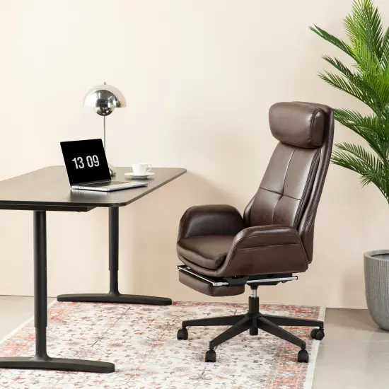 Mid-Century Modern Coffee Leatherette Gaslift Adjustable Swivel High Back Office Chair with Footrest and Armrest {1}