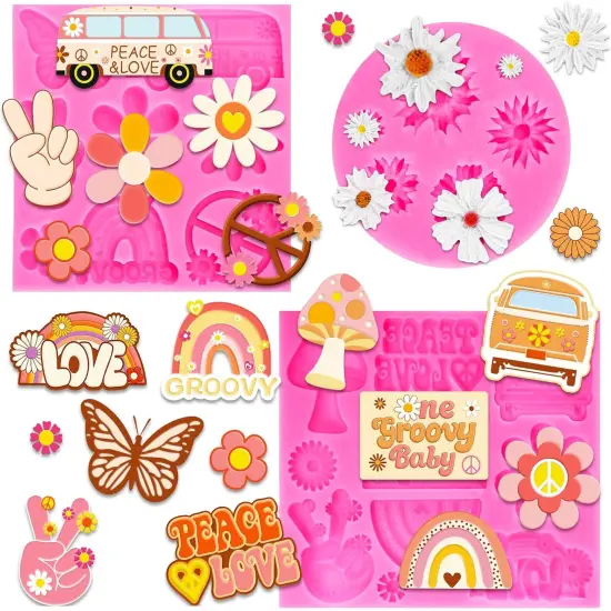 3Pcs Groovy Boho Fondant Molds Groovy Hippie 3D Silicone Moulds Daisy Boho Rainbow Pattern Resin Molds Peace & Love Cupcake Cookie Baking Decorating Moulds for Spring Summer Party DIY Candy {1}