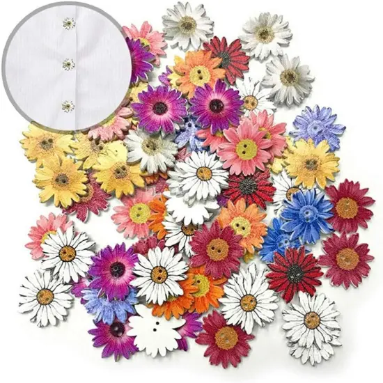 100 Pieces 1inch Flower Shaped Wood Buttons Daisy Sunflower 2 Holes {5}