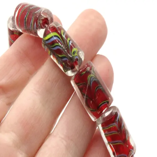 11 18mm Red with Yellow and Blue Striped Lampwork Glass Tube Beads {2}