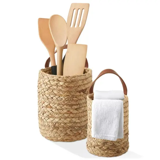 2pk Wall Hanging Baskets w/ Handles, Natural Hyacinth Plant & Flower Storage Pot {2}