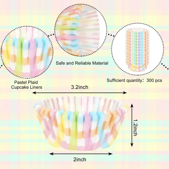 300Pcs Pastel Plaid Paper Baking Cups Colorful Checkered Cupcake Liners Muffin Liner Cake Paper Cups Storage Container for Spring Party DIY Craft, 2x1.2 Inch {2}
