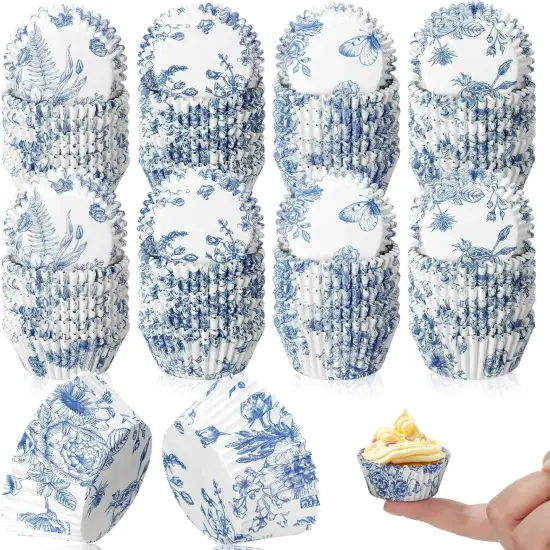 800 Pcs Blue and White Flower Cupcake Liners Flower Cupcake Wrappers Grease Proof Blue Muffin Liners Disposable Cupcake Papers Baking Cups for Baking Weddings Party (1.38 x 0.79 inch) {1}