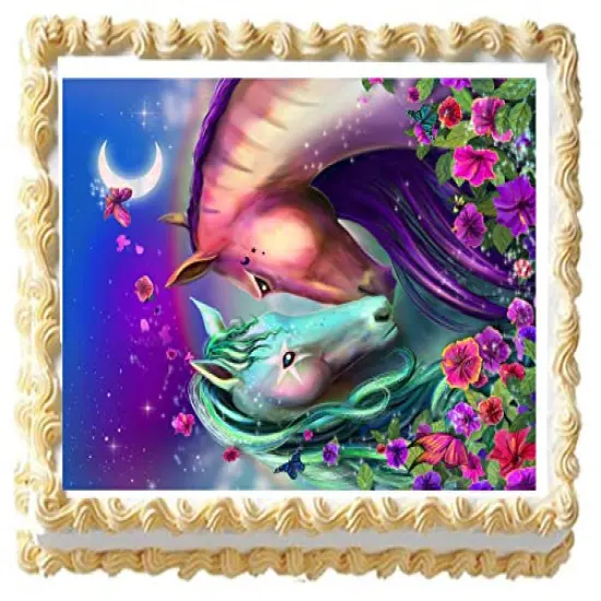 Unicorn Garden Edible Icing Image Cake Topper (1/4 Sheet) {1}