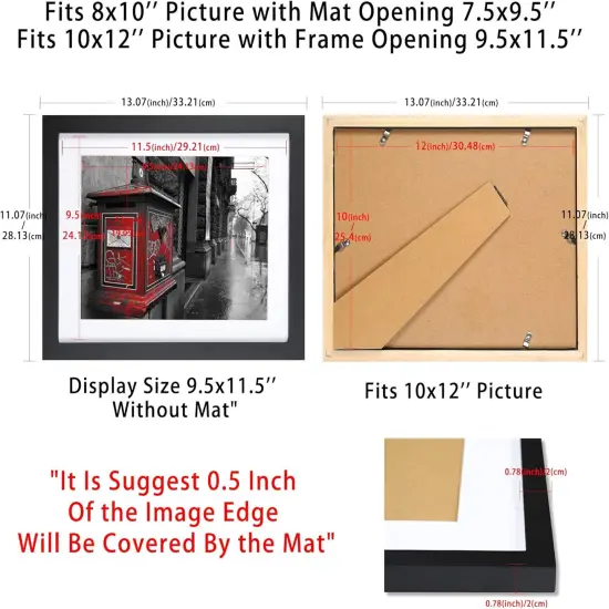 10x12 Picture Frames Black, Solid Wood Display Pictures 8x10 with Mat or 10x12 Without Mat {3}