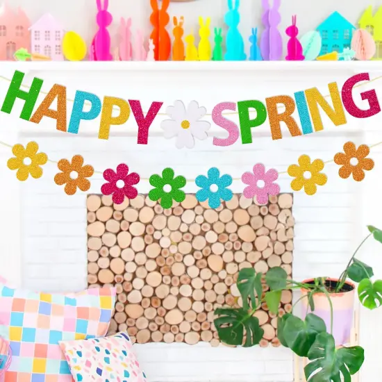 Happy Spring Banner Hello Spring Party Decorations with Flowers Garland for Kids Boy Girl Celebrate Welcome Spring Colorful Glitter Party Supplies {4}