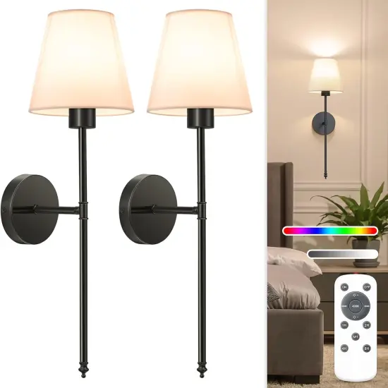 Battery Operated Wall Sconce Set of 2,Black Rechargeable Wall Lights with 5200mAh Dimmable Detachable Bulbs and Remote, 10 Colors Wireless Wall Lamps for Bedroom Living Room Hallway {1}
