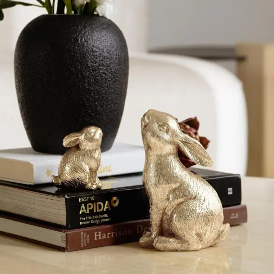 Set of 2 Easter Bunny Figurines, Gold Home Decor Resin Rabbit Statue {5}