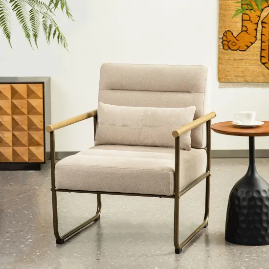 33.25"H Mid-Century Modern Beige Fabric Accent Arm Chair with Metal Frame {4}