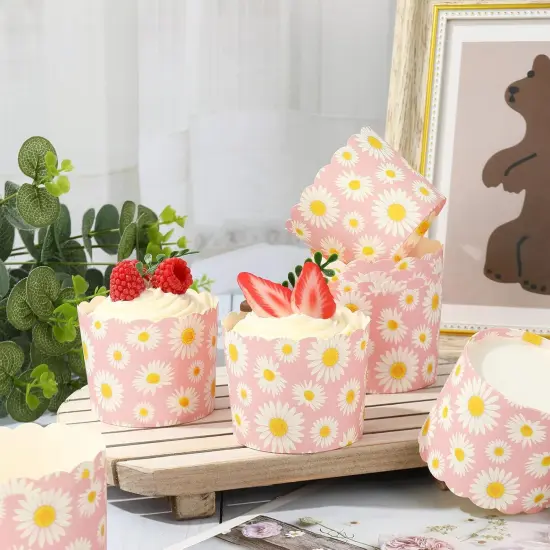 100Pcs Daisy Flower Paper Baking Cups Pink White Floral Cupcake Wrappers Scalloped Edge Cupcake Muffin Cases for Spring Birthday Party Supplies {3}