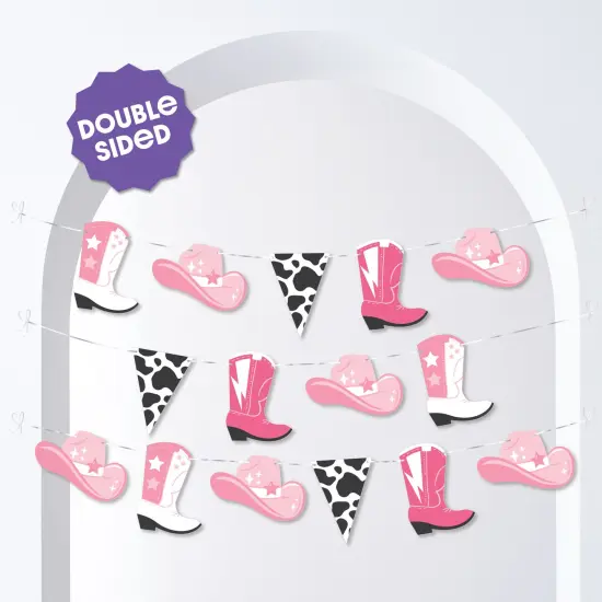 Big Dot of Happiness Rodeo Cowgirl Garland Banner, Pink Western Party Decorations Banner, 30 Feet of Cord, 15 Double-Sided Pink Cowgirl Hat, Boots, Cow Print Pennant {3}