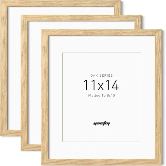 11x14 Oak Wood Picture Frame with Mat for 8x10 Set of 3, Natural Solid Wood 11x14 Frame with Tempered Glass for Wall Gallery & Home (3 Pack, Oak) {1}