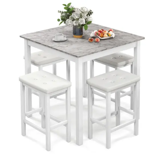 5-Piece Counter-Height Dining Table Set with Wooden Table and Metal Bar Stools, Stylish and Space-Saving White {7}