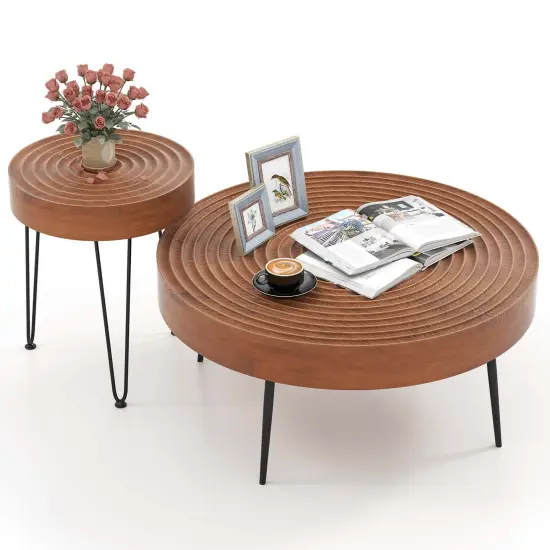 Costway Farmhouse Round CoffeeTable Set of 2 End Table Natural Finish for Living Room Brown/Natural {1}