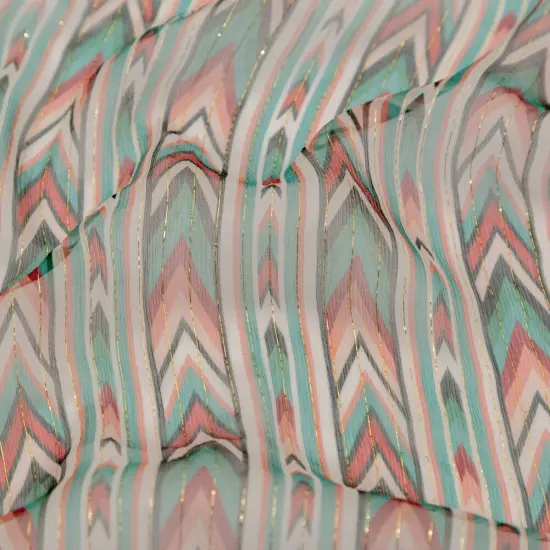 1 Yard Jade and Coral Geometric Silk Chiffon with Metallic Gold Stripes Luxury Material 50 Inch Width {2}