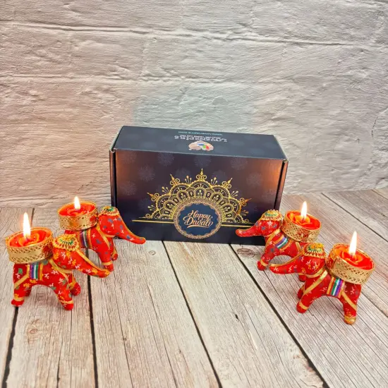 Personalized Diwali Gifts Hamper Set of 4 Elephant Tealight Candle Holder Diwali Custom Gifts Boxes Indian Festival Deepawali Hamper for Employees Home Office Friends Family - Return Gift {3}