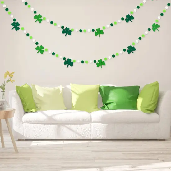 Whaline 8.2Ft St. Patrick's Day Felt Pom Pom Banner Lucky Shamrock Garland Green White Pom Ball Clover Decorative Irish Hanging Bunting Garland for St. Patrick's Day Home Mantel Wall Decor {2}