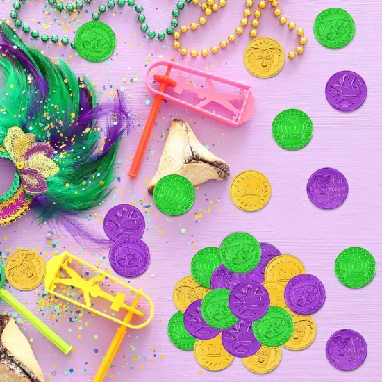 200 PCS Mardi Gras Decorations, 1.4 in Purple Gold Green Fake Coins, Crown Masks Pattern Mardi Gras Gold Coins Plastic Coins Leprechaun Gold Coins, Mardi Gras Table Decorations Costume Accessories {5}