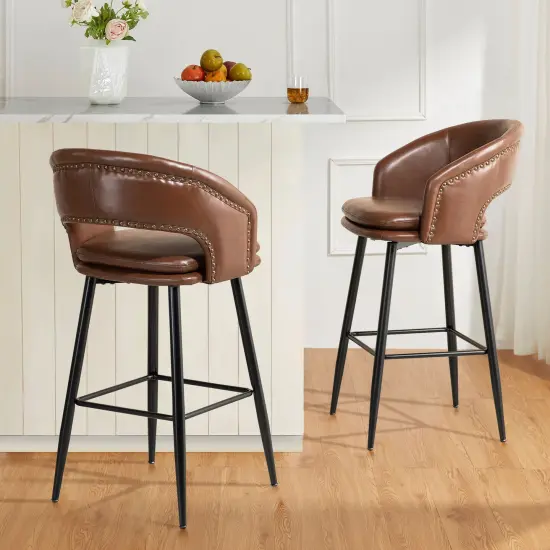 Set of 2/4 Mid-Century Modern 40.5"H Faux Leather Bar Stools with Nailhead Trim {7}