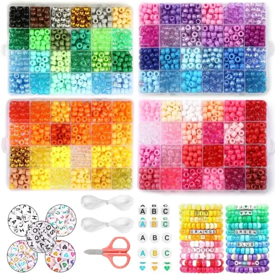 3200 Pcs 6 * 9mm Pony Beads Bulk in 96 Colors - Friendship Bracelet Making Kit with 2400 Plastic Beads & 800 Letter Beads in 4 Storage Boxes with 2X Strings & Scissor {6}