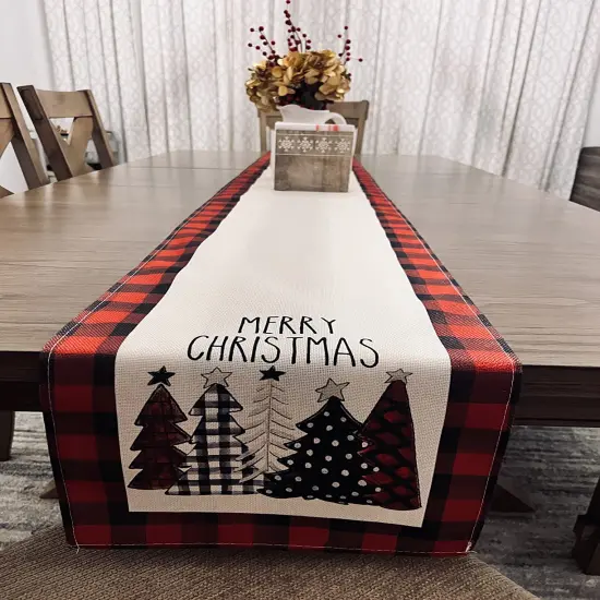 Buffalo Plaid Table Runner Christmas Trees Merry Xmas Table Runner Winter Holiday Kitchen Dining Table Decoration, Black and Red {1}
